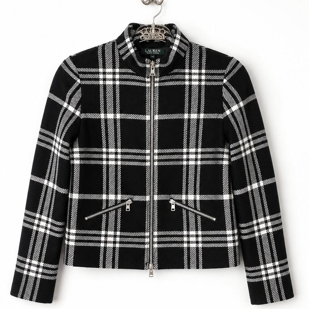 Lauren Ralph Lauren Plaid Zip Jacket Women's Medium Black White Cotton Blend